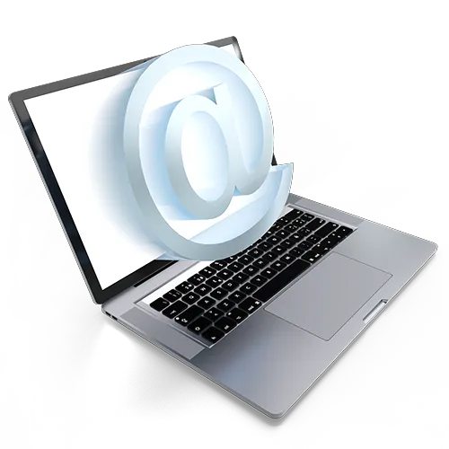 The monitor of a computer displaying a large at symbol (@), indicating a contact email address.