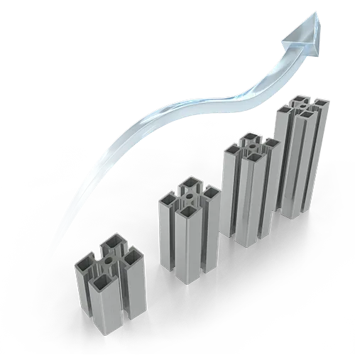 An arrow soaring over 4 profiles forming the bars of an upward graph. A metaphor symbolizing the continuous growth of Alusic and its partners.