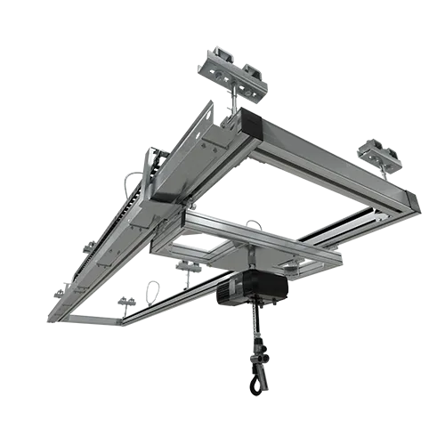 A crane system from the KS line, with a hoist suspended from it, designed for efficient material handling and movement in industrial environments. This system ensures smooth operations, especially in applications requiring vertical lifting and controlled motion.