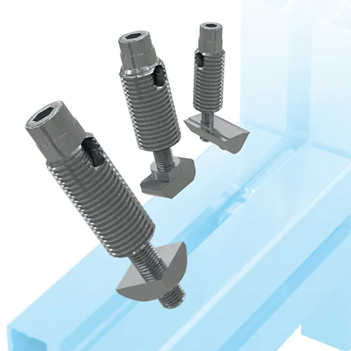 Three Alusic threaded joints, ideal for right-angle assembly between two aluminum profiles.