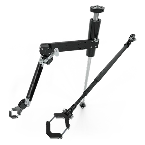 Two reaction arms from the TA line, made of carbon fiber to optimize their features and capabilities. In this image, a telescopic arm is shown in the foreground along with an orthogonal arm, both extremely useful for improving working conditions for users at assembly stations.