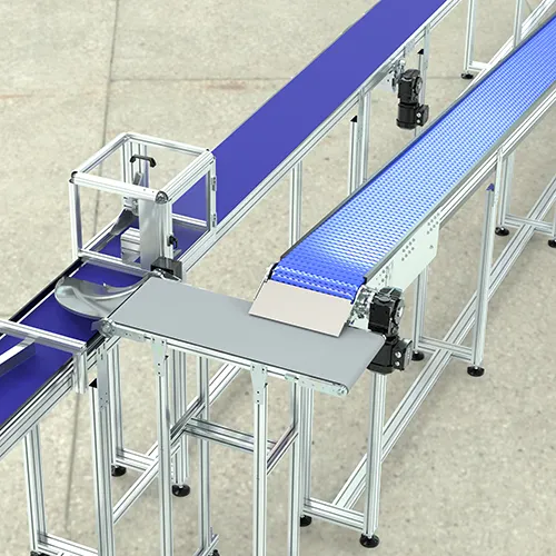 An overhead view of several conveyors from the CS series, featuring two belt conveyors and one modular chain conveyor.