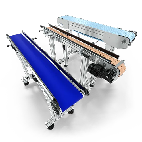 A belt conveyor, series 1000, a tabletop chain conveyor, series 2000, and a modular chain conveyor, series 3000, from Alusic's CS line.