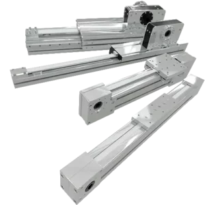 4 Alusic linear axes from the FC line, motorized with belts, bearings, and guides, made with aluminum profiles. Used in industrial automation.