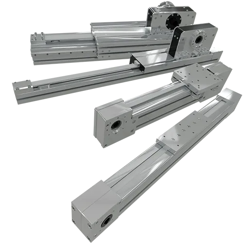 4 Alusic linear axes from the FC line, motorized with belts, bearings, and guides, made with aluminum profiles. Used in industrial automation.