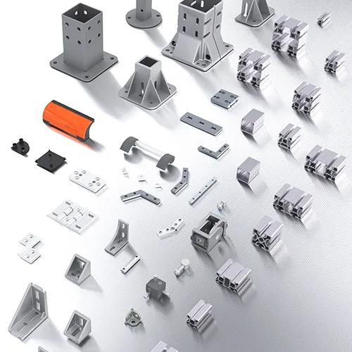 A spread of profiles and accessories compatible with the MC groove. Visible are aluminum profiles of various sizes and shapes, along with accessories such as anchoring bases, swivel feet, handles, and joints.