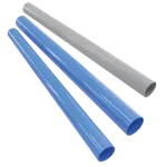 Rigid PERT tubes in blue and gray, compatible with quick-connect fittings.