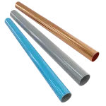 Painted aluminum tubes in blue and gray, and a copper tube, all available in the SK series.