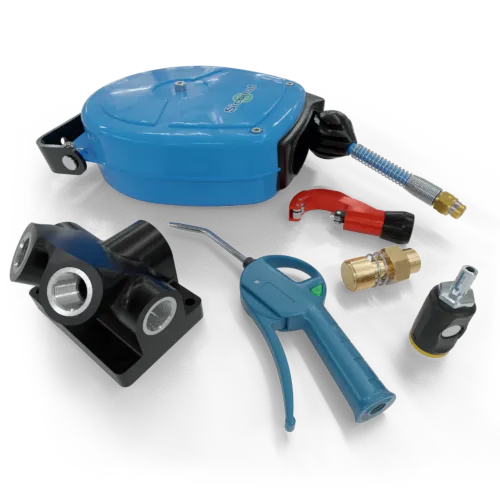 A hose reel, an end block, a compressed air blow gun, a fitting, and a tube cutter.