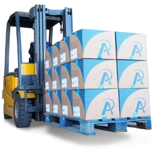 An Alusic forklift with boxes made of recycled cardboard branded Alusic, filled with accessories for aluminum profiles.